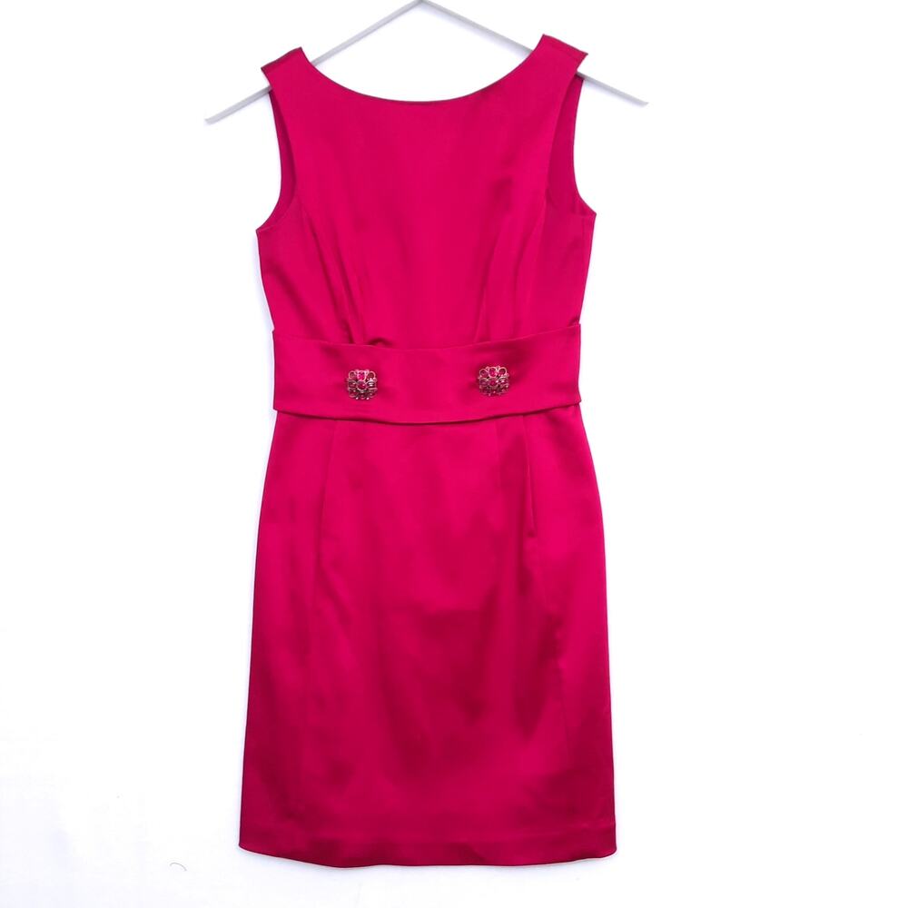 Kay Unger Hot Pink Cocktail Dress Sz 4 Satin Sleeveless Short Sheath Party Silk